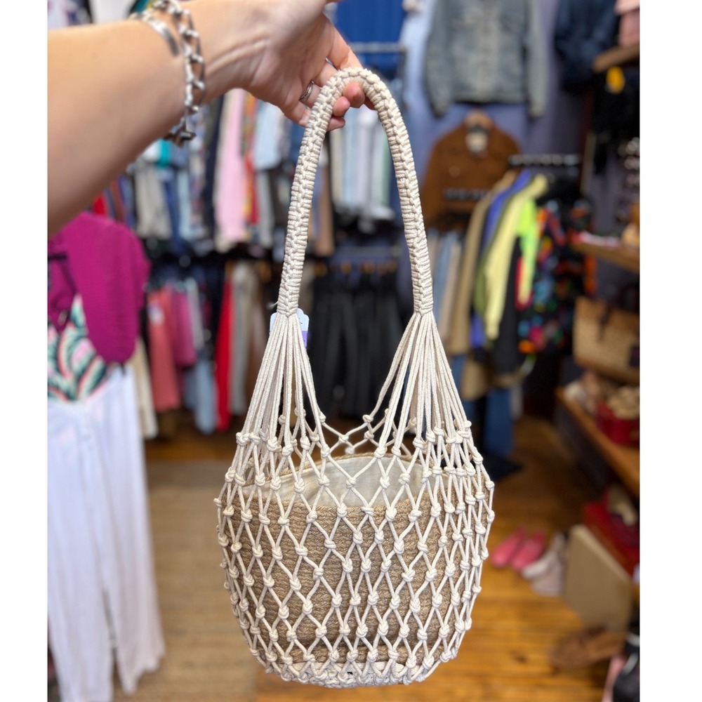 Macrame Net Woven Basket Market Bag Drawstring Insert White Boho Beach Coastal